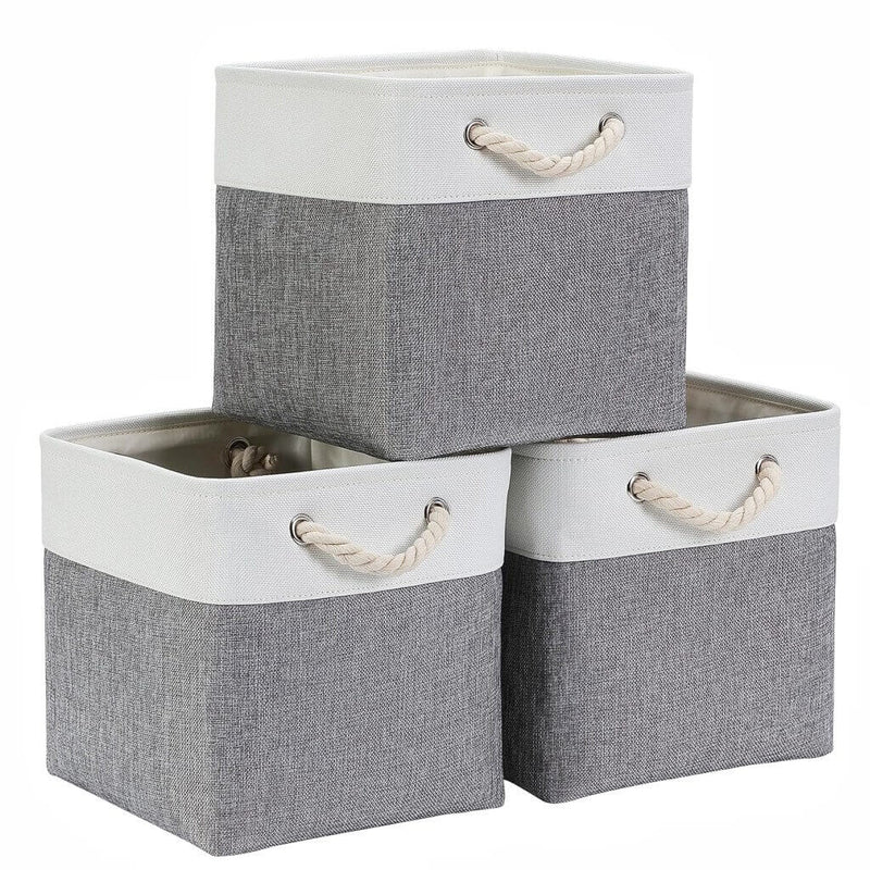 Stoff-Aufbewahrungsbox grau weiss Aufbewahrungskörbe/Körbe mit Baumwoll-Kordelgriffen, faltbar für Regal und Würfelregal.