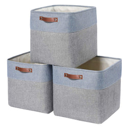 Faltbare Baumwolle Aufbewahrungsbox Stoffkorb mit Starken PU-Leder-Griff,Aufbewahrungskörbe für Spielzeug, Handtücher und Kleidung(3er-Pack)